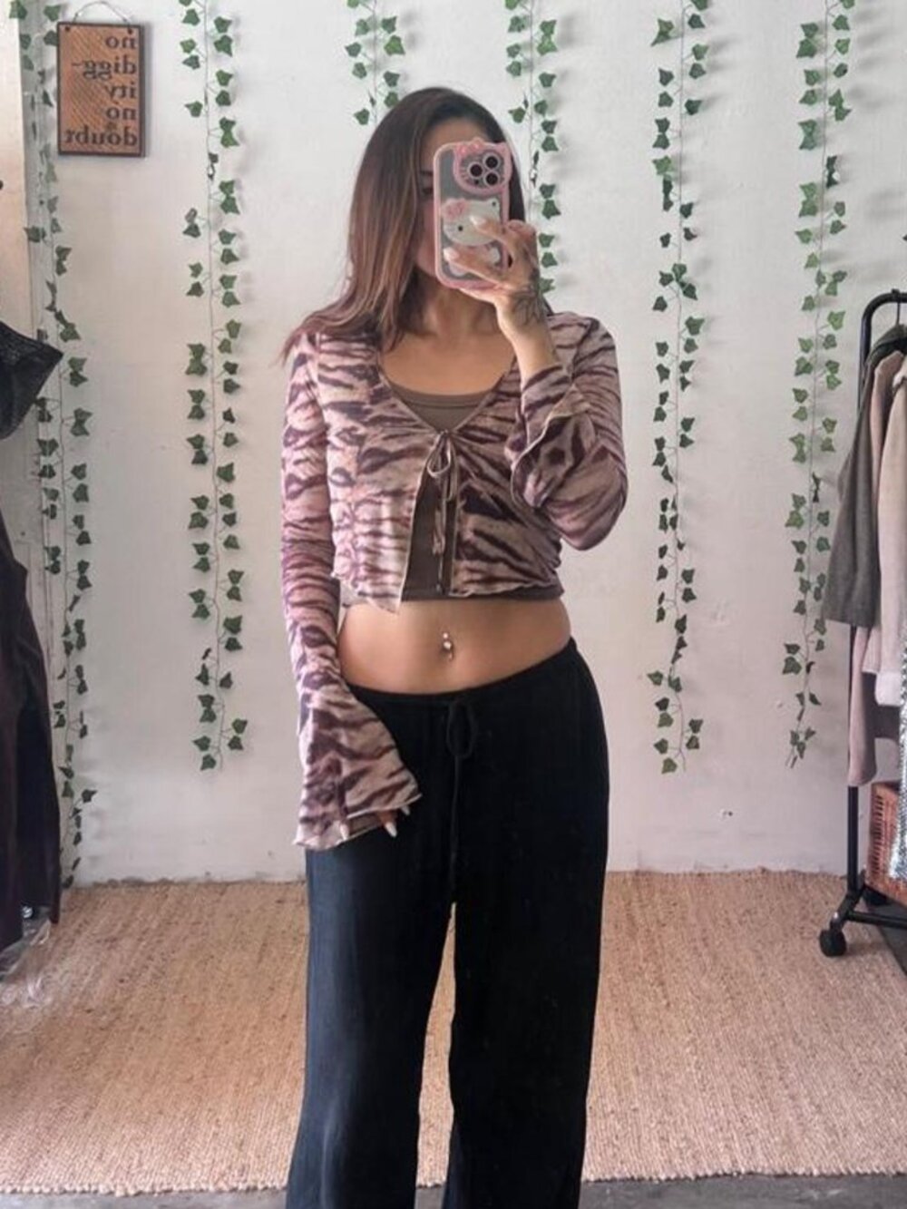 Windsor brown tiger striped sheer crop bell sleeve cardigan size small